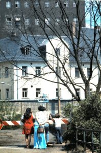 1978: Me, in the red dress, and my son, on the right, with friends, looking across the Saale river into East Germany, near the Bavarian town of Hof.