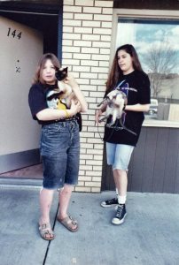 Our daughters at a motel in South Dakota. Merrie is behaving herself, as she usually did, but Dinah is being a rascal and trying to get down.